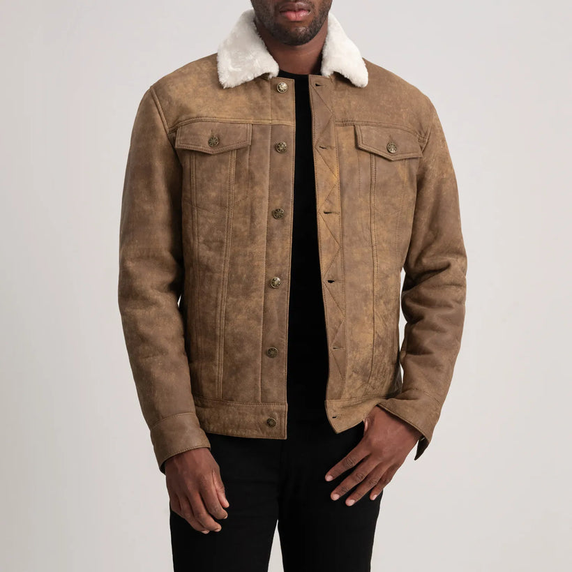 Dallis Distressed Barna Leather Shearling Trucker Bőrdzseki Férfi