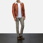 Men's Dan Frost Tan Shearling Jacket - Lateral Side Profile View Showing Sleeve Cut &amp; Athletic Taper Fit
