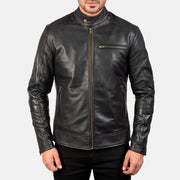 Close-Up Detail of Band with snap button &amp; Zipper Hardware on Men's Dean Black Leather Biker Jacket