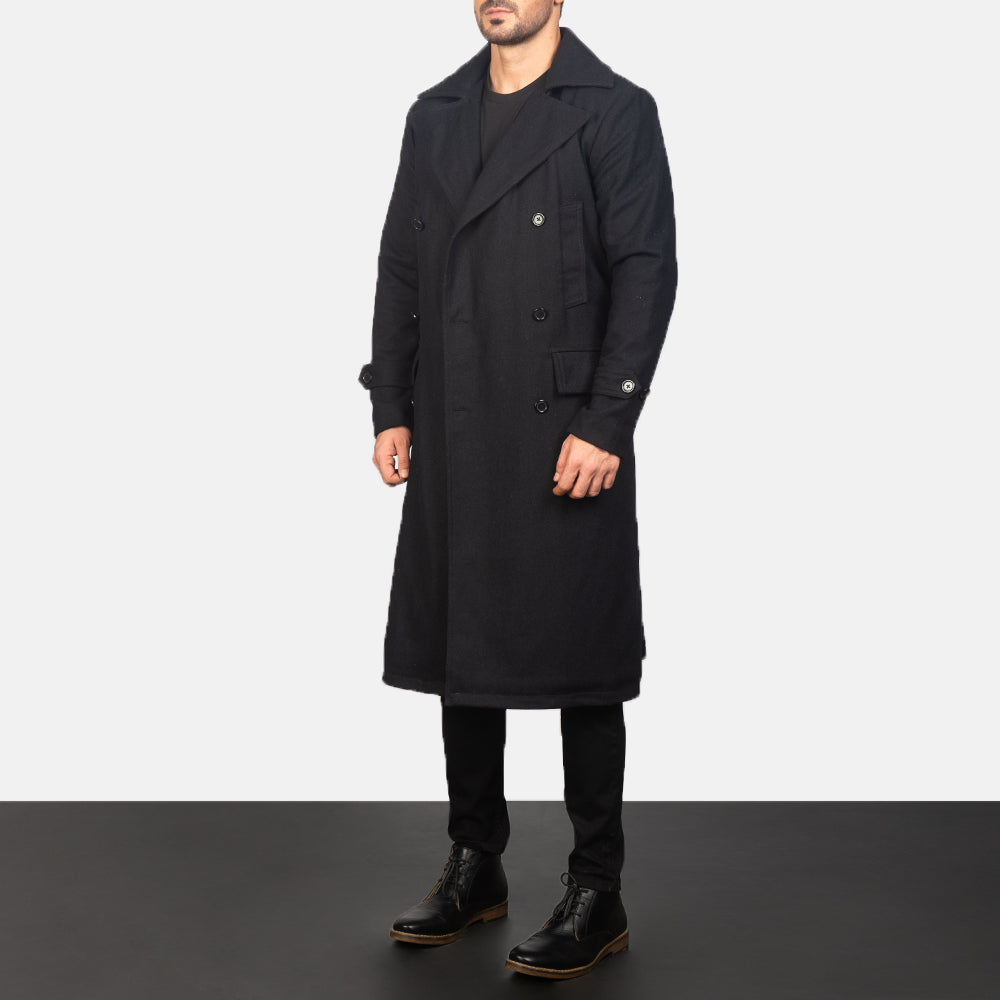 
Black Synthetic Wool Trench Coat - Hátulnézet precíz vállilleszkedéssel és tiszta szegéllyel