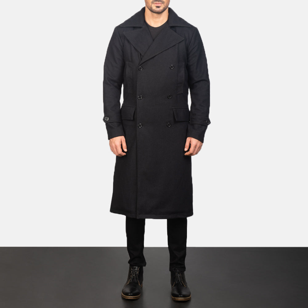
Közeli részlet of Notch & Button Hardware on Detective Fekete Wool Bőrkabát Férfi