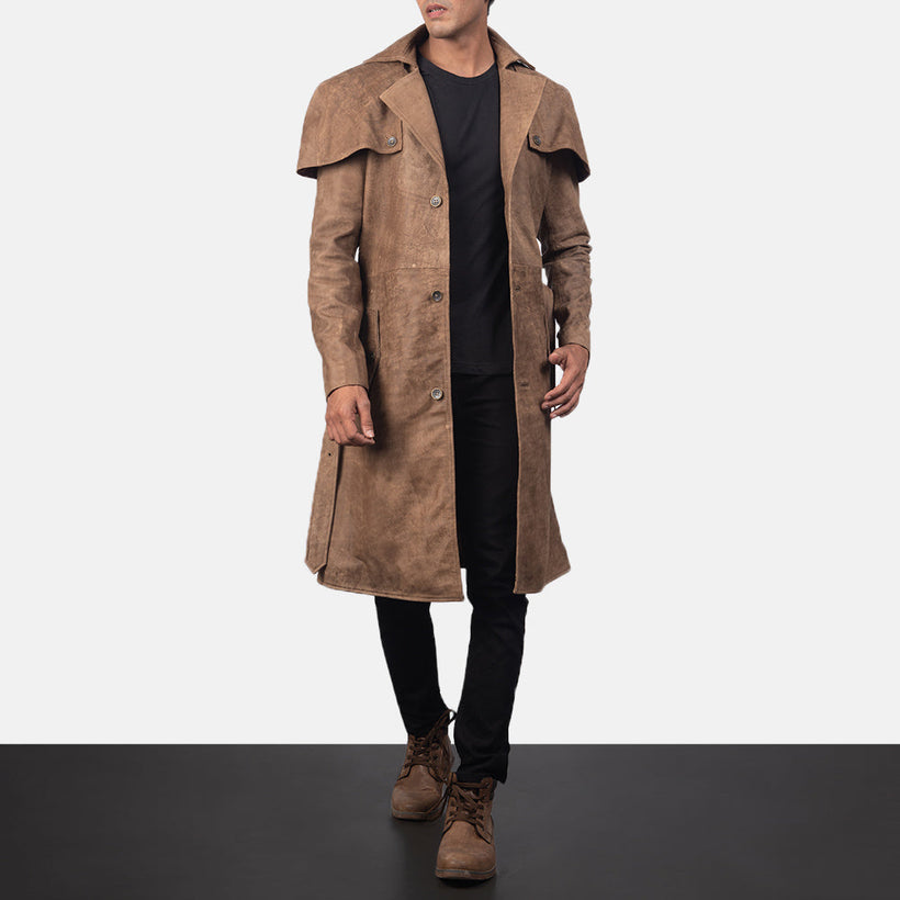 Deux Barna Leather Duster Férfi