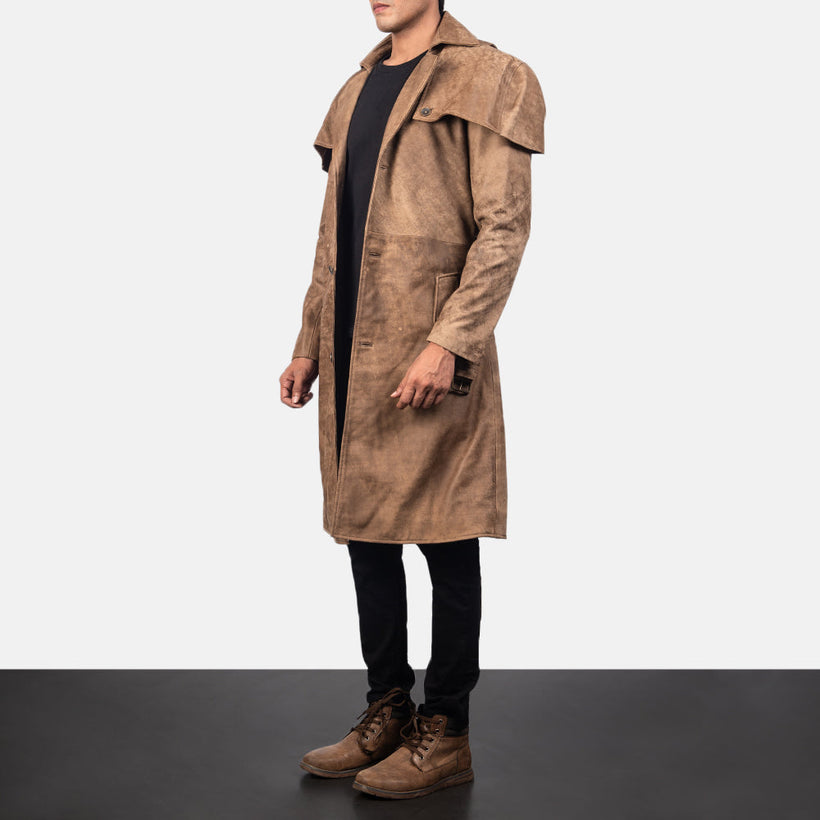 Deux Barna Leather Duster Férfi
