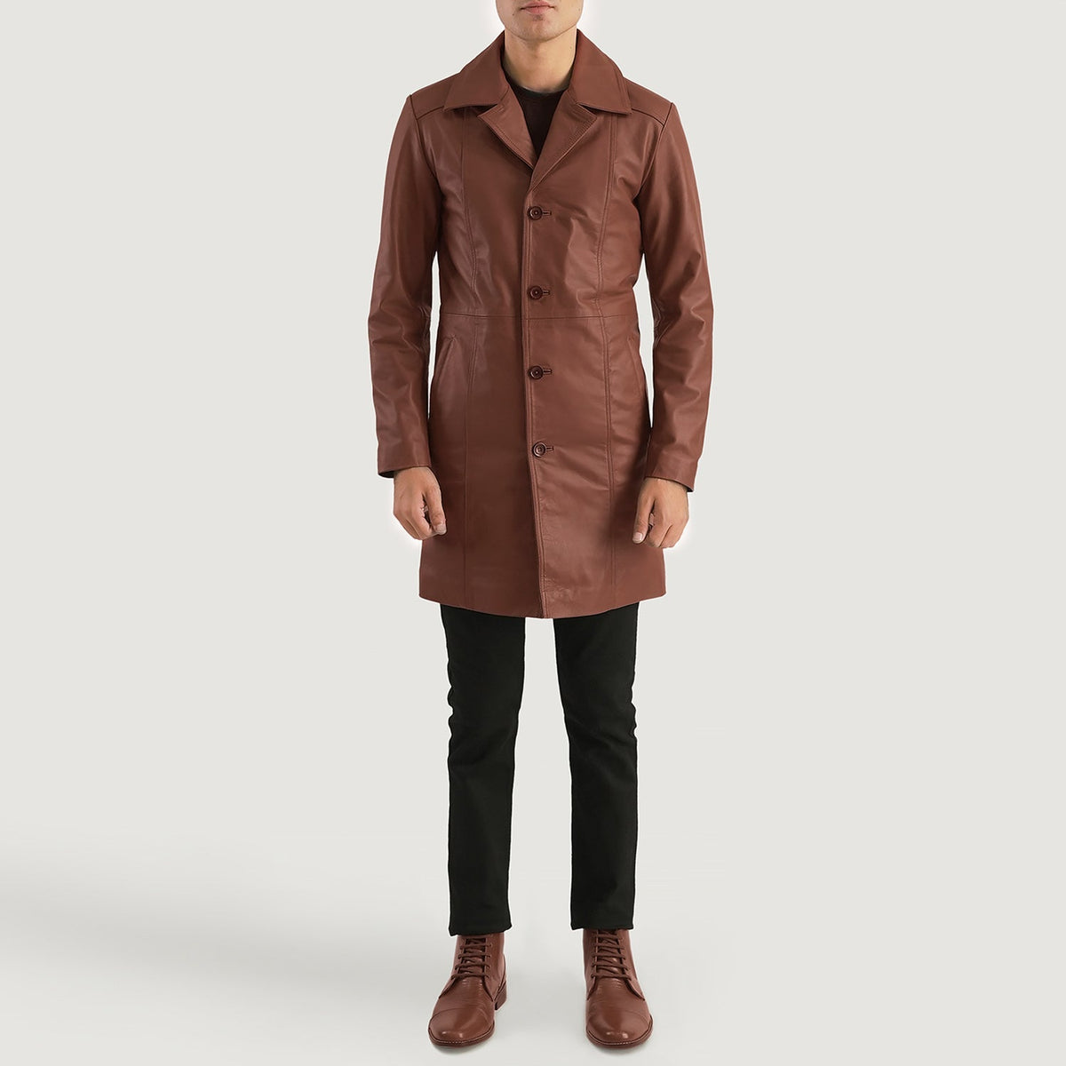 Don Long Brown Leather Coat - Lateral Side Profile View Showing Sleeve Cut &amp; Athletic Taper Fit
