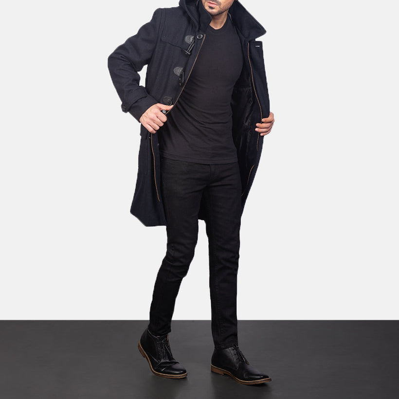 Drake Fekete Wool Hooded Duffle Bőrkabát Férfi