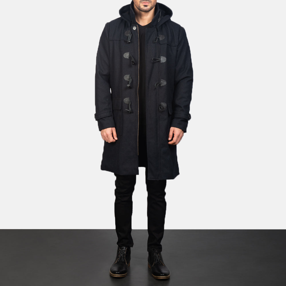 Drake Black Wool Duffle Coat - Oldalnézet az ergonomikus ujjkialakítással