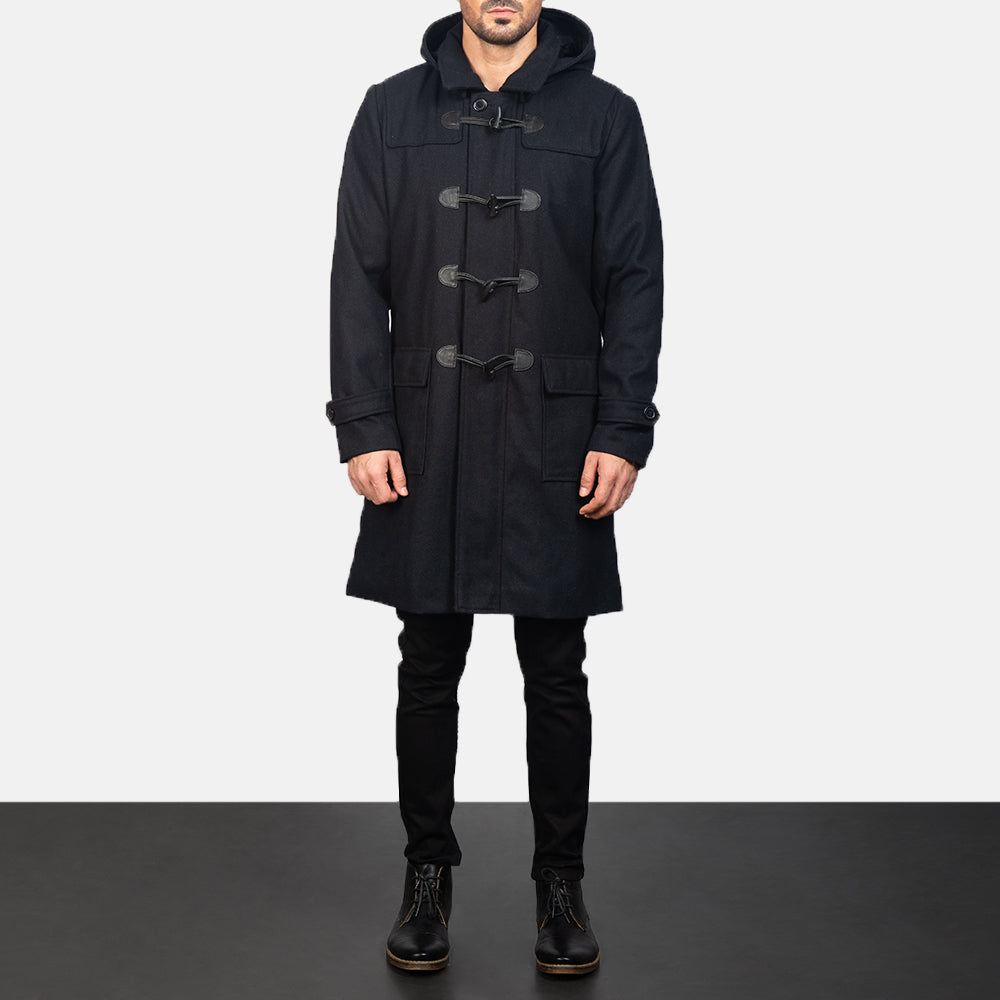 Közeli részlet of Shirt with Removable Hood & Toggle Buttons with Placket & Zipper Hardware on Drake Black Wool Duffle Coat