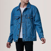 
Eddie Dark Kék Oversized Denim Trucker Bőrdzseki Férfi For Men in Dark Blue Full-Grain Leather - Elölnézet & testre szabott sziluett | Online vásárlás