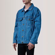 
Eddie Dark Kék Oversized Denim Trucker Bőrdzseki Férfi For Men - Oldalnézet az ergonomikus ujjkialakítással