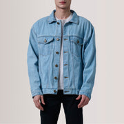 
Eddie Light Kék Oversized Denim Trucker Bőrdzseki Férfi For Men in Light Blue Full-Grain Leather - Elölnézet & testre szabott sziluett | Online vásárlás