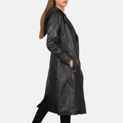 
Black Sheepskin Leather Trench Coat - Hátulnézet precíz vállilleszkedéssel és tiszta szegéllyel