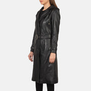 
Közeli részlet of Hooded & Button + Belt Hardware on Fixon Hooded Fekete Bőr Viharkabát Női