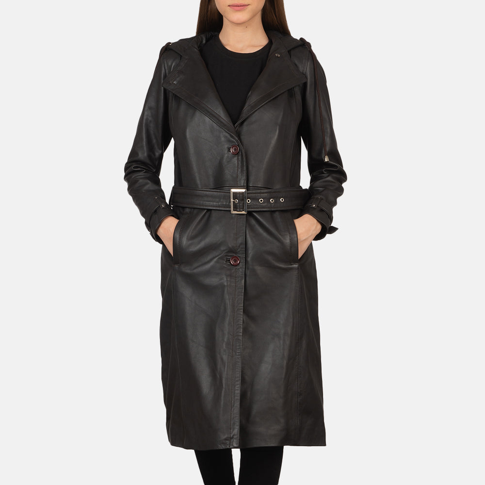 Fixon Hooded Brown Trench Coat in Brown Sheepskin Leather - Elölnézet & testre szabott sziluett | Online vásárlás
