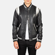 
Dantee Black Leather Varsity Jacket in Black & White Sheepskin Leather - Elölnézet & testre szabott sziluett | Online vásárlás
