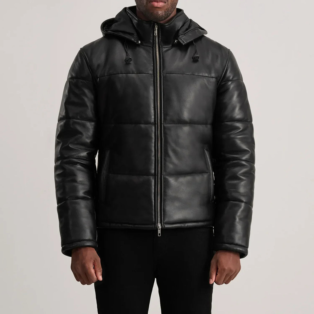 
Közeli részlet of High neck & Zipper Hardware on Gordon Tan Hooded Leather Puffer Jacket
