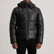 
Közeli részlet of High neck & Zipper Hardware on Gordon Tan Hooded Leather Puffer Jacket