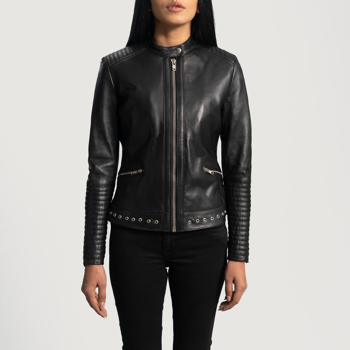 
Haley Ray Fekete Bőr Motoros Dzseki Női in Black Sheepskin Leather - Elölnézet & testre szabott sziluett | Online vásárlás