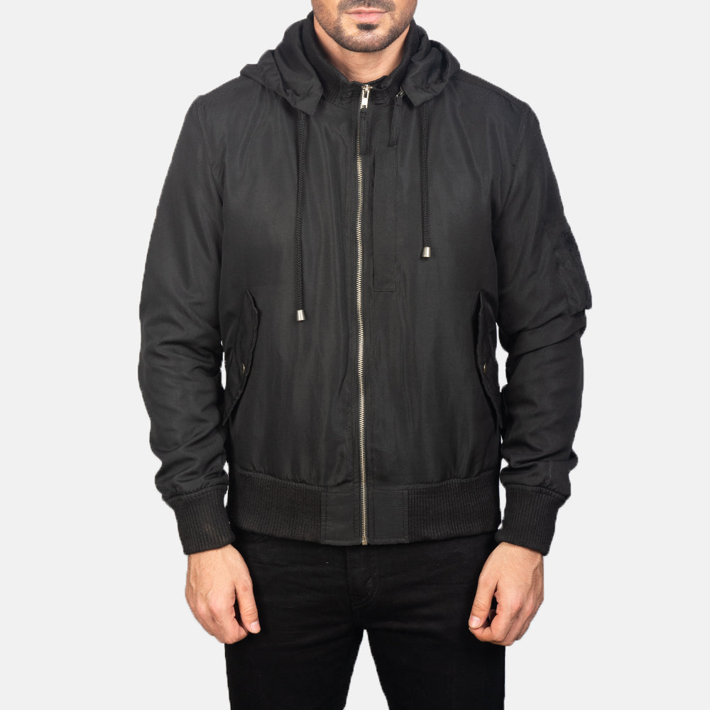 
Közeli részlet of Knit Rib with Removable Polyester Hood & Zipper Hardware on Hanklin Ma-1 Black Hooded Bomber Jacket