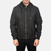 
Közeli részlet of Knit Rib with Removable Polyester Hood & Zipper Hardware on Hanklin Ma-1 Black Hooded Bomber Jacket
