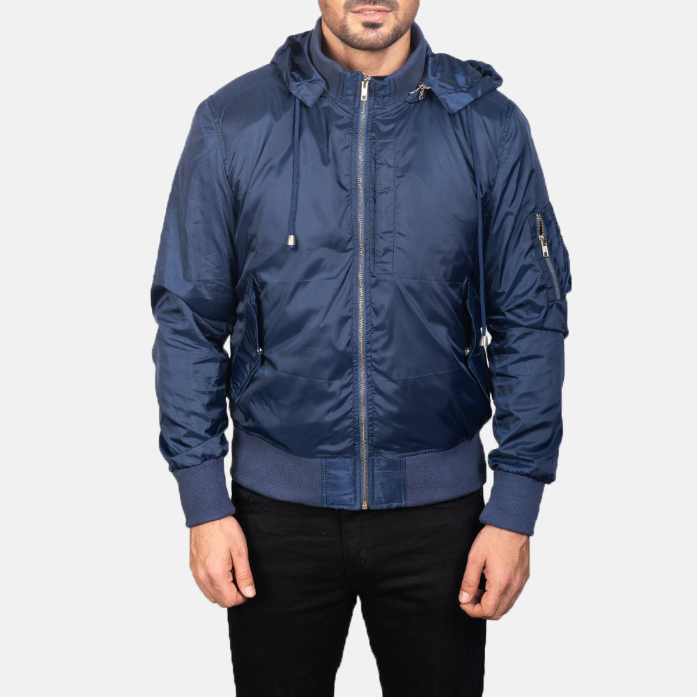 
Közeli részlet of Knit Rib with Removable Nylon Hood & Zipper Hardware on Blue Hooded Bomber Jacket