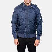 
Közeli részlet of Knit Rib with Removable Nylon Hood & Zipper Hardware on Blue Hooded Bomber Jacket