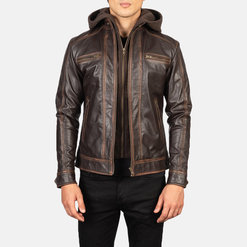 Hector Vintage Barna Hooded Bőr Motoros Dzseki Férfi