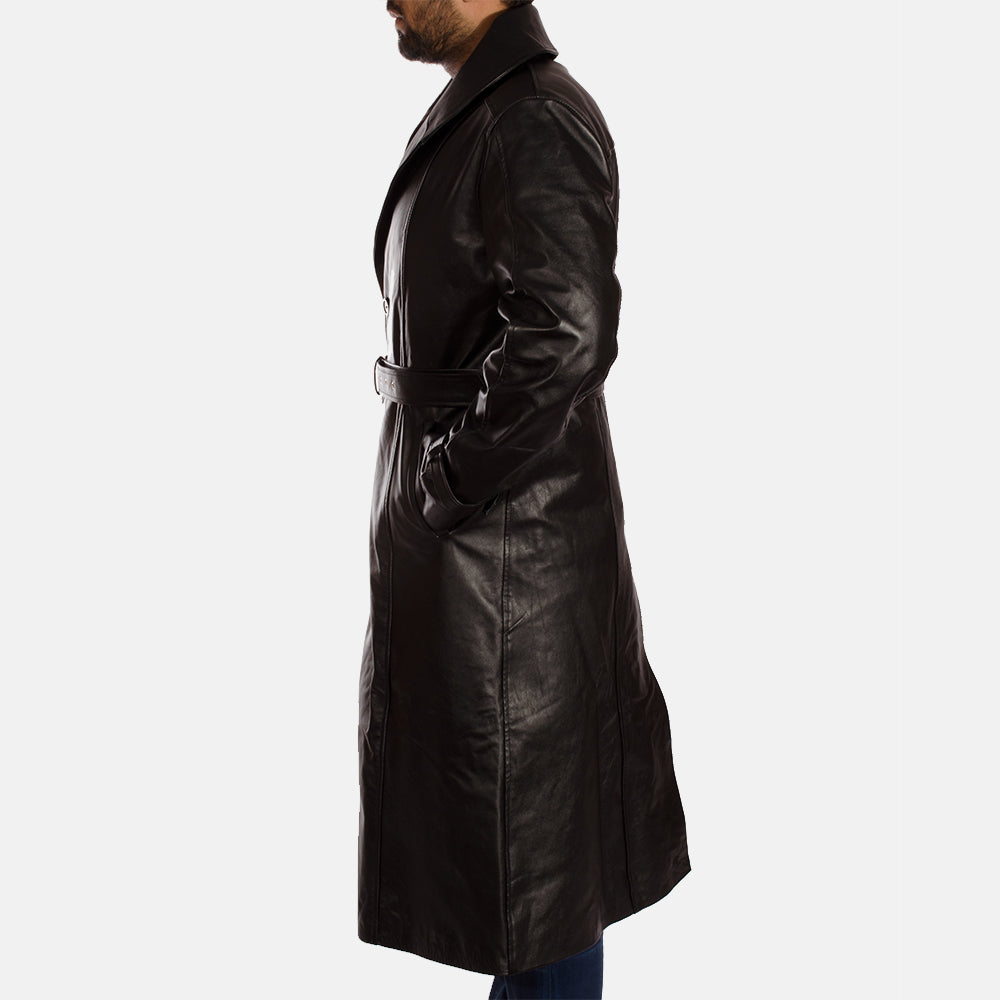 
Közeli részlet of Notch & Button & Waist belt Hardware on Hooligan Fekete Bőr Viharkabát Férfi