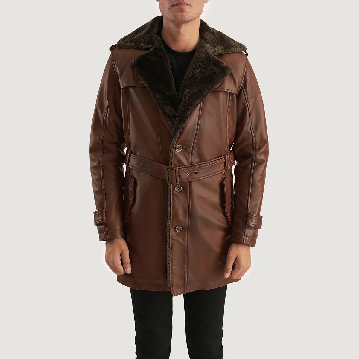 
Hunter Distressed Barna Fur Bőrkabát Férfi in Distressed Brown Sheepskin Burnishing - Elölnézet & testre szabott sziluett | Online vásárlás