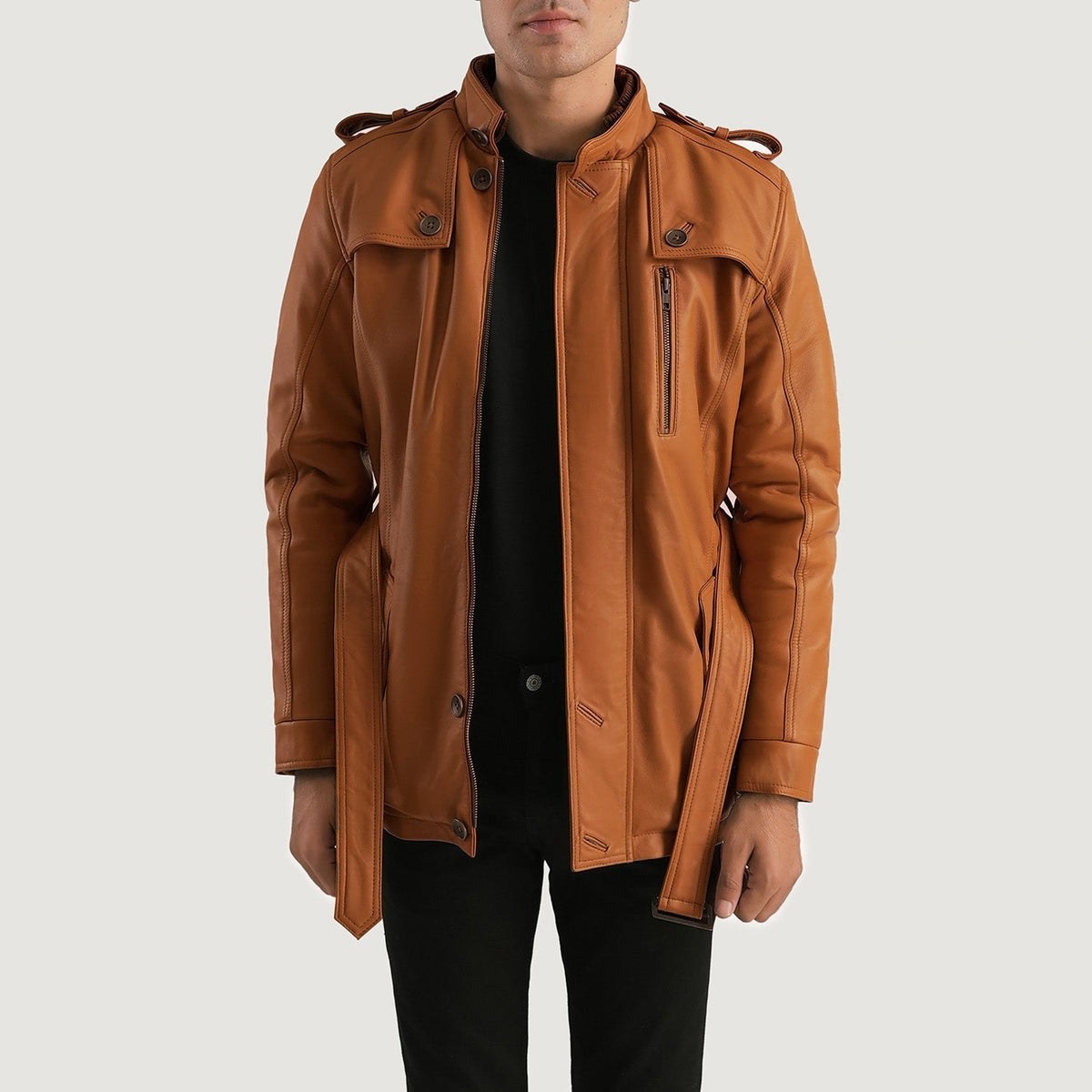 
Hunter Világosbarna Barna Fur Bőrdzseki Férfi in Tan Brown Sheepskin Leather - Elölnézet & testre szabott sziluett | Online vásárlás