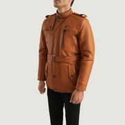 
Tan Brown Sheepskin Leather Aviator Jacket - Hátulnézet precíz vállilleszkedéssel és tiszta szegéllyel