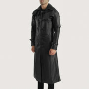 
Black. Cowhide Leather Trench Coat - Hátulnézet precíz vállilleszkedéssel és tiszta szegéllyel