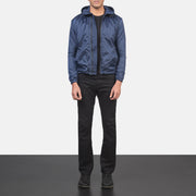 
Jimmy Kék Hooded Windbreaker Bőrdzseki Férfi - Oldalnézet az ergonomikus ujjkialakítással