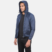 
Közeli részlet of High Neck with Hood & Zipper with wind flap Hardware on Jimmy Kék Hooded Windbreaker Bőrdzseki Férfi