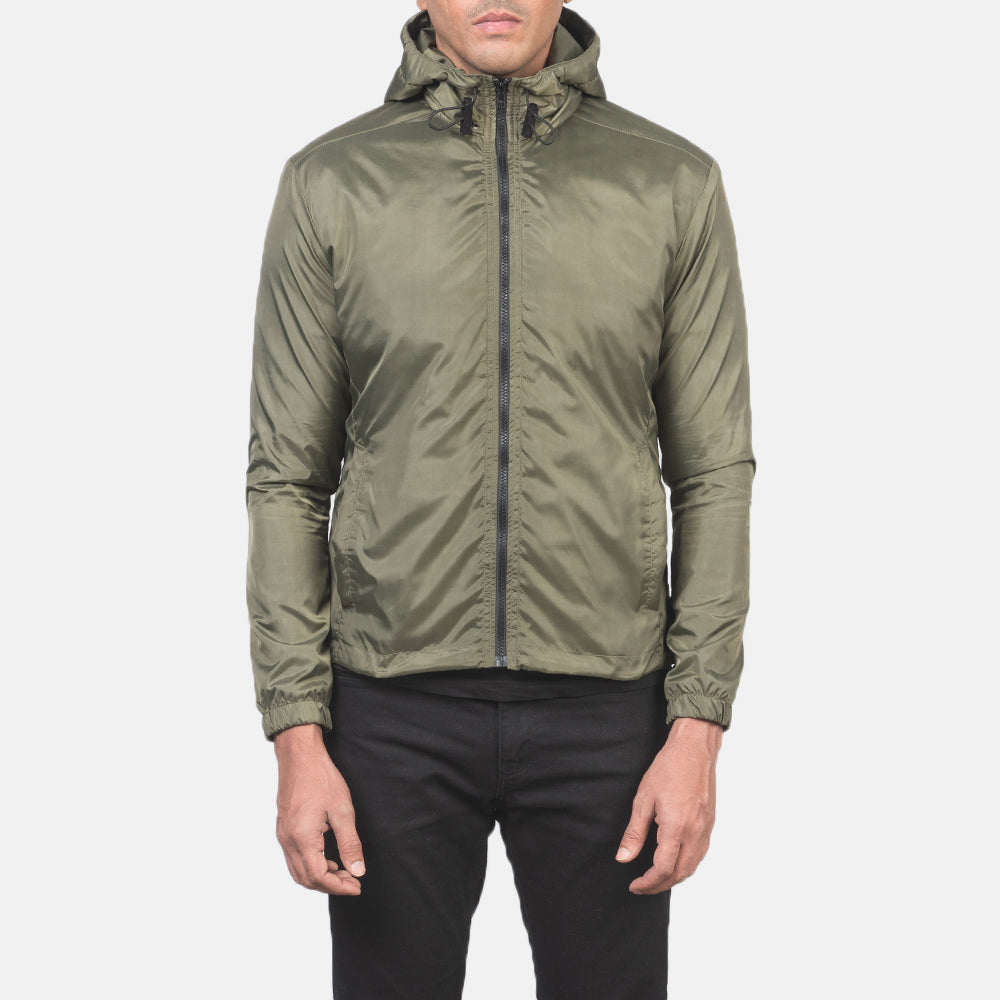 
Közeli részlet of High Neck with Hood & Zipper with wind flap Hardware on Jimmy Zöld Hooded Windbreaker Bőrdzseki Férfi