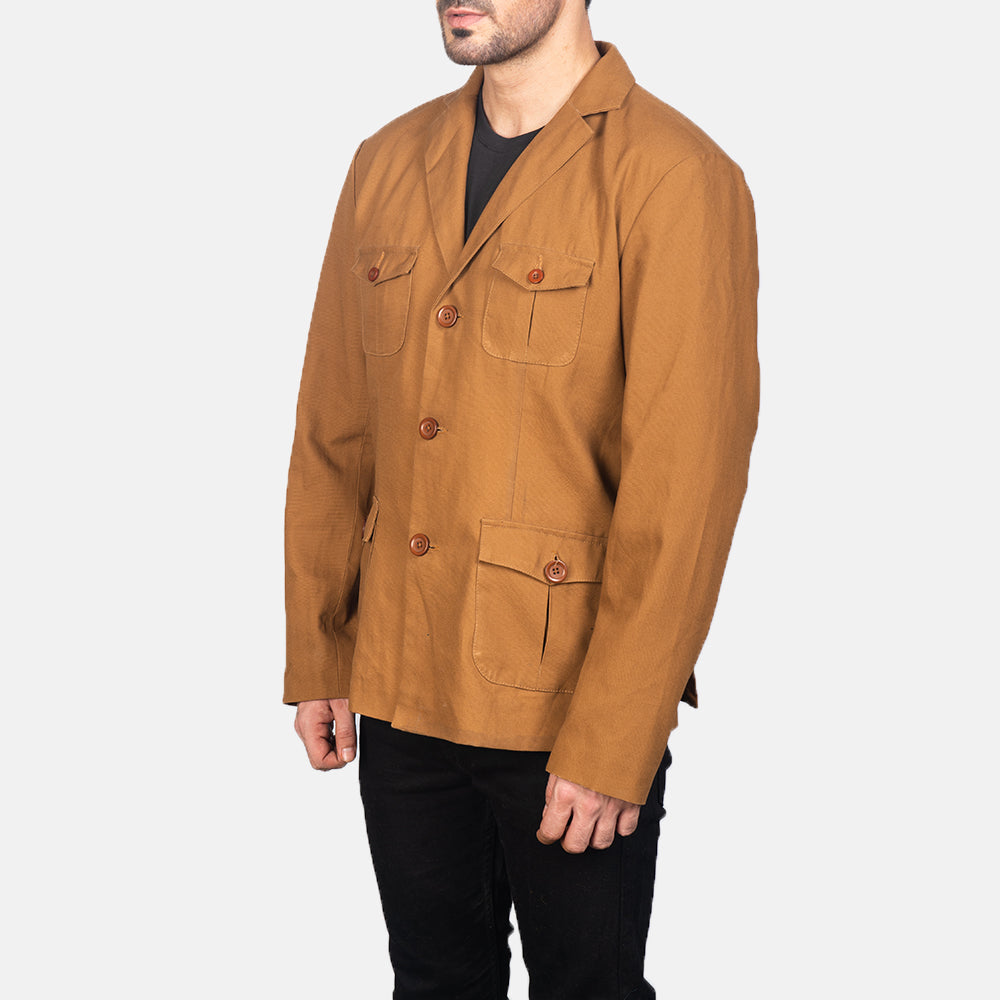 
Khaki Poly-Cotton Leather Blazer - Hátulnézet precíz vállilleszkedéssel és tiszta szegéllyel
