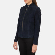 
Navy Blue Goatskin Suede Biker Jacket - Hátulnézet precíz vállilleszkedéssel és tiszta szegéllyel