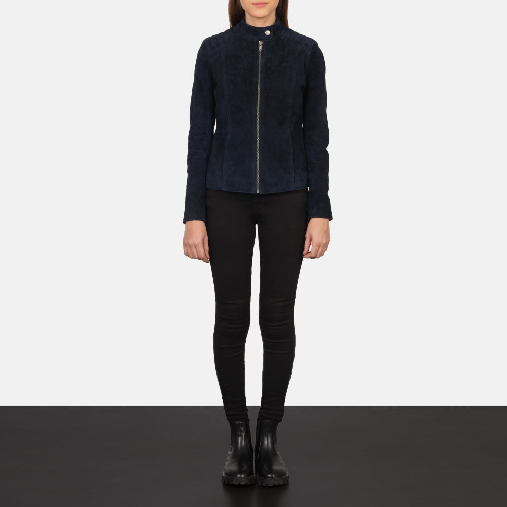 
Kelsee Navy Blue Suede Biker Jacket - Oldalnézet az ergonomikus ujjkialakítással