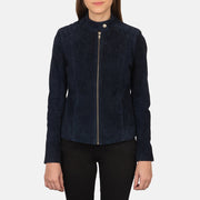 
Közeli részlet a patentos állógallérról és a cipzárról Kelsee Navy Blue Suede Biker Jacket