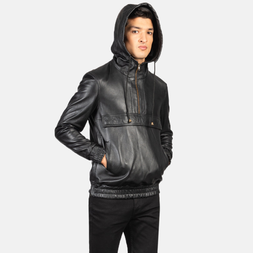 
Közeli részlet of Classic Collar & Heavy-Duty Zipper Hardware on Kenton Hooded Blue Suede Pullover Jacket