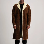 
Kolby Brown Suede Shearling Long Coat in Brown Goatskin Suede - Elölnézet & testre szabott sziluett | Online vásárlás