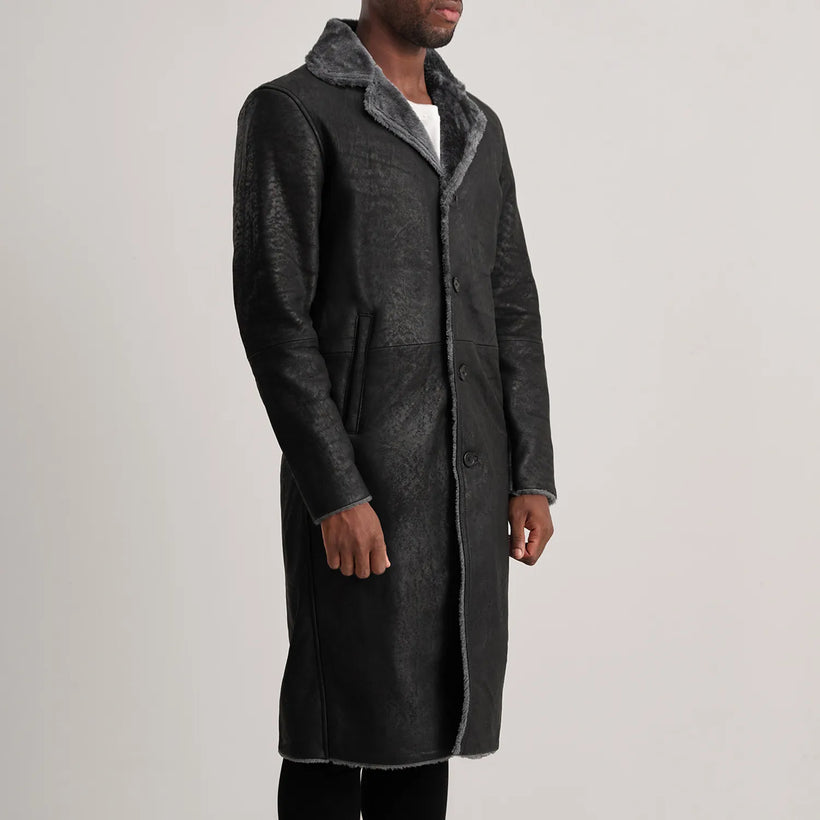 Kolby Distressed Fekete Leather Shearling Bőrkabát Férfi