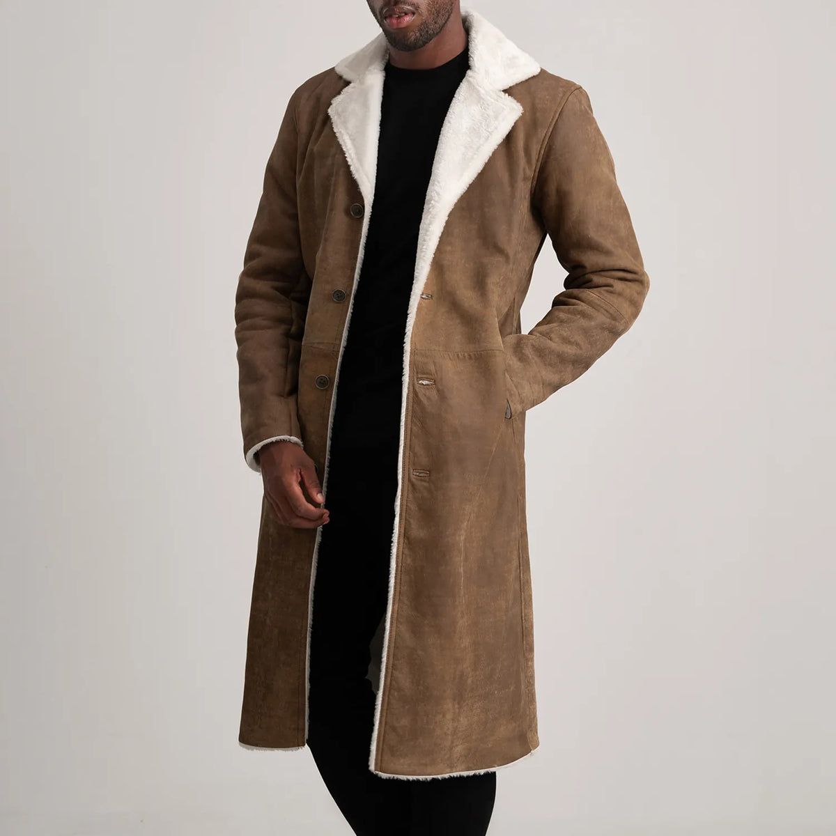 
Kolby Distressed Brown Shearling Long Coat in Distressed Brown Sheepskin Snuffed - Elölnézet & testre szabott sziluett | Online vásárlás