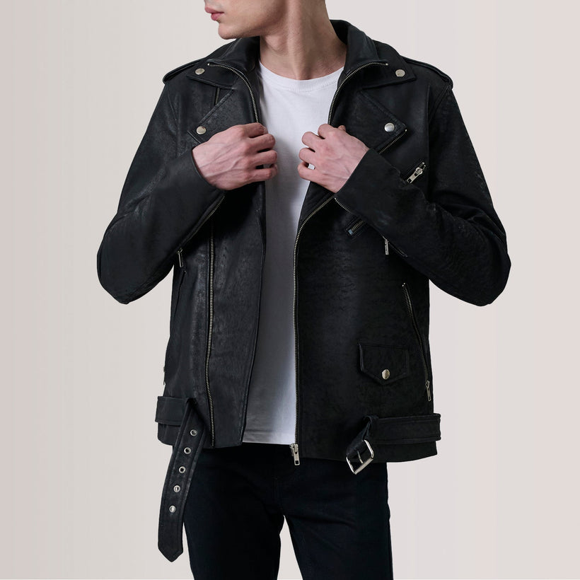 Kole Distressed Fekete Leather Double Rider Bőrdzseki Férfi