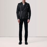 
Distressed Black Sheepskin Snuffed Biker Jacket - Hátulnézet precíz vállilleszkedéssel és tiszta szegéllyel