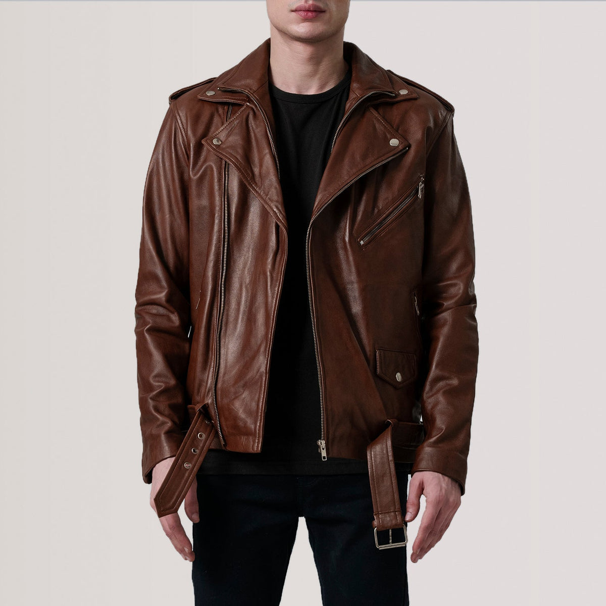 
Kole Waxed Barna Leather Double Rider Bőrdzseki Férfi in Distressed Brown Sheepskin Burnished - Elölnézet & testre szabott sziluett | Online vásárlás