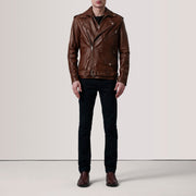 
Distressed Brown Sheepskin Burnished Biker Jacket - Hátulnézet precíz vállilleszkedéssel és tiszta szegéllyel