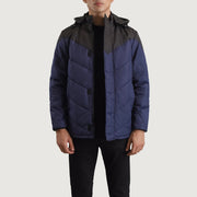 
Luka Fekete & Kék Hooded Puffer Bőrdzseki Férfi in Black & Blue Full-Grain Leather - Elölnézet & testre szabott sziluett | Online vásárlás