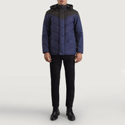 
Luka Fekete & Kék Hooded Puffer Bőrdzseki Férfi - Oldalnézet az ergonomikus ujjkialakítással