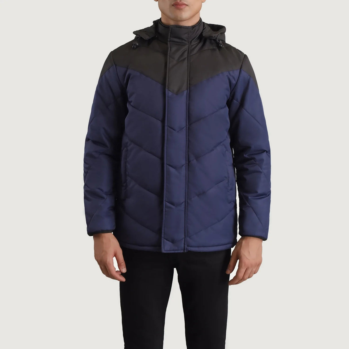 
Közeli részlet of Classic Collar & Zipper With Velcro Placket Hardware on Luka Fekete & Kék Hooded Puffer Bőrdzseki Férfi