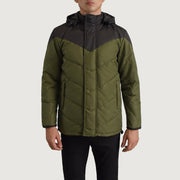 
Közeli részlet of Classic Collar & Zipper With Velcro Placket Hardware on Luka Fekete & Zöld Hooded Puffer Bőrdzseki Férfi